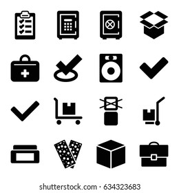Box icons set. set of 16 box filled icons such as safe, bandage, cargo on cart, safe, tick, first aid kit, clipboard, case