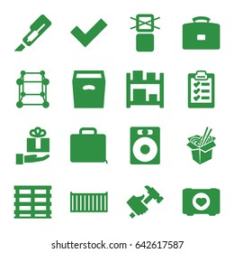 Box icons set. set of 16 box filled icons such as cutter, hummer, noodles fast food, case with heart, case, clipboard, gift on hand, storage, tick, speaker