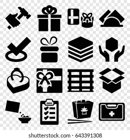 Box icons set. set of 16 box filled icons such as present, gift, hummer, chinese fast food, cereal, handle with care, medical kit, napkin, clipboard, tick