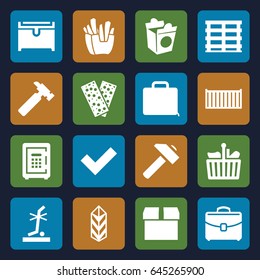 Box icons set. set of 16 box filled icons such as chest, hummer, french fries, take away food, bandage, no standing nearby, cargo, safe, case, shopping bag