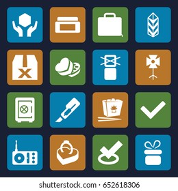 Box icons set. set of 16 box filled icons such as present, safe, cutter, chinese fast food, handle with care, cargo, radio, case