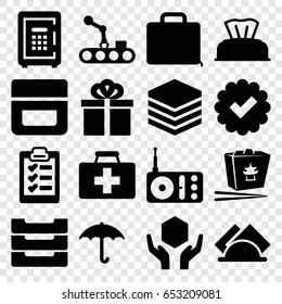 Box icons set. set of 16 box filled icons such as baby napkin, cream, chinese fast food, first aid kit, keep dry cargo, handle with care, safe, radio, case, table box, gift