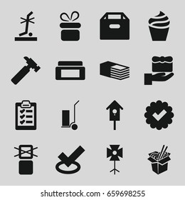 Box icons set. set of 16 box filled icons such as cream, present, hummer, cart cargo, noodles fast food, nesting house, bandage, no standing nearby, clipboard, gift