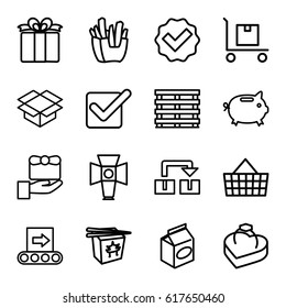 Box icons set. set of 16 box outline icons such as french fries, chinese fast food, take away food, cargo on cart, present, conveyor, tick, gift, shopping bag