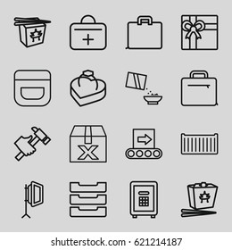 Box icons set. set of 16 box outline icons such as cream, gift, hummer, chinese fast food, cereal, safe, first aid kit, case