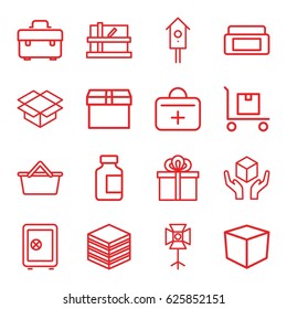Box icons set. set of 16 box outline icons such as parcel, cream box, Safe, nesting house, medical bottle, handle with care, cargo on cart, first aid kit, gift, archive