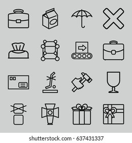 Box icons set. set of 16 box outline icons such as baby napkin, gift, hummer, take away food, keep dry cargo, fragile cargo, no standing nearby, present, case, conveyor, cross