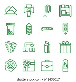 Box icons set. set of 16 box outline icons such as gift, milk, bandage, arrow up, cargo, present, case, office supply, cutter, soft box, napkin, bottle pills, storage