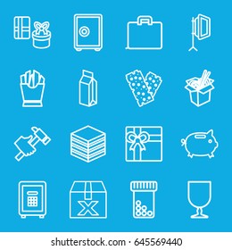 Box icons set. set of 16 box outline icons such as gift, hummer, french fries, noodles fast food, milk, bandage, fragile cargo, safe, case, archive