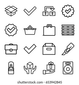 Box icons set. set of 16 box outline icons such as cutter, handle with care, office supply, case, tick, speaker, gift on hand, shopping bag