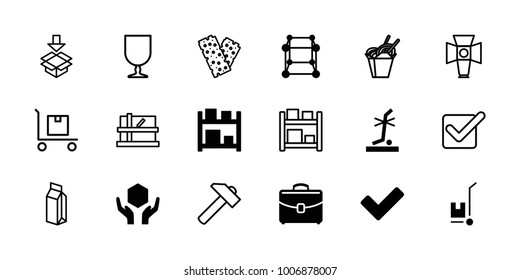 Box icons. set of 18 editable filled and outline box icons: cube, handle with care, no standing nearby, storage, tick, case, parcel, hummer, chinese fast food, milk, bandage