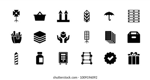 Box icons. set of 18 editable filled box icons: cube, french fries, tick, medical bottle, cargo arrow up, keep dry cargo, present, shopping bag, archive, bandage