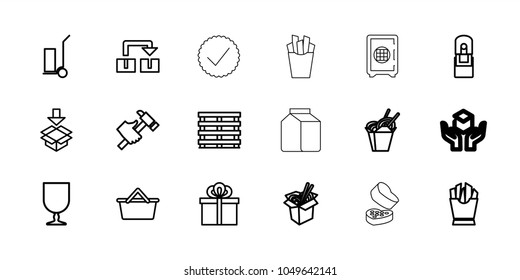 Box icons. set of 18 editable outline box icons: hummer, cart cargo, french fries, chinese fast food, noodles fast food, fragile cargo, shopping bag, object move