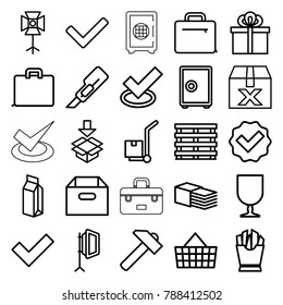 Box icons. set of 25 editable outline box icons such as cutter, hummer, tick, box, french fries, case, safe, milk, bandage, fragile cargo, cargo on cart, shopping bag, gift