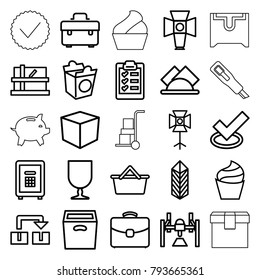 Box icons. set of 25 editable outline box icons such as parcel, cream, toolbox, tick, take away food, fragile cargo, cargo, safe, shopping bag, object move, case, napkin