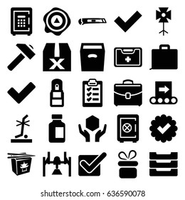 Box icons set. set of 25 box filled icons such as present, safe, hummer, chinese fast food, medical bottle, handle with care, arrow up, no standing nearby, safe, tick