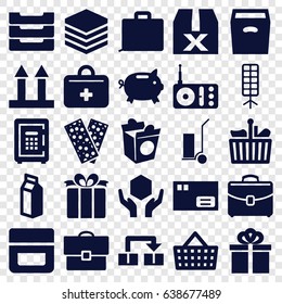 Box icons set. set of 25 box filled icons such as cream, cart cargo, take away food, milk, bandage, cargo arrow up, handle with care, safe, present, radio, first aid kit, case
