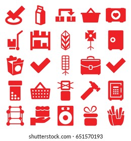 Box icons set. set of 25 box filled icons such as present, hummer, french fries, take away food, case with heart, milk, cargo, cargo on cart, safe, tick, case, shopping bag