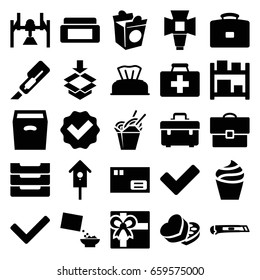 Box icons set. set of 25 box filled icons such as baby napkin, cream box, cream, gift, cutter, chinese fast food, take away food, nesting house, first aid kit, cereal, tick