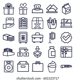 box icons set. Set of 25 box outline icons such as parcel, baby napkin, cream, present, gift, toolbox, french fries, take away food, medical bottle, bandage, safe, cutter