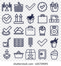 Box icons set. set of 25 box outline icons such as cream, safe, french fries, chinese fast food, noodles fast food, cargo arrow up, cargo on cart, tick, case, napkin, speaker