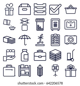 Box icons set. set of 25 box outline icons such as present, cart cargo, case with heart, medical bottle, bandage, cereal, keep dry cargo, no standing nearby, safe, medical kit