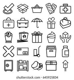 Box icons set. set of 25 box outline icons such as cream, present, toolbox, cart cargo, french fries, chinese fast food, nesting house, first aid kit, medical bottle, bandage