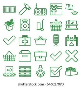 Box icons set. set of 25 box outline icons such as parcel, gift, hummer, cart cargo, noodles fast food, first aid kit, cereal, radio, tick, conveyor, case, cross, speaker