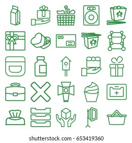 Box icons set. set of 25 box outline icons such as baby napkin, cream, present, gift, chinese fast food, nesting house, medical bottle, milk, handle with care, medical kit