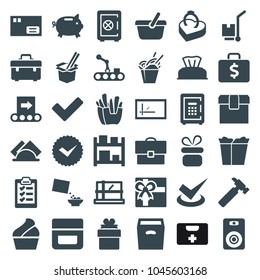 Box icons. set of 36 editable filled box icons such as parcel, baby napkin, present, cream, safe, gift, toolbox, hummer, french fries, chinese fast food, cereal, cargo on cart