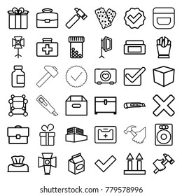 Box icons. set of 36 editable outline box icons such as baby napkin, present, cream, chest, hummer, tick, cube, speaker, french fries, take away food, case, bottle pills