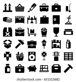 Box icons set. set of 36 box filled icons such as parcel, cream box, chest, hummer, cutter, cart cargo, french fries, nesting house, medical bottle, milk, bandage