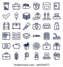 Box icons set. set of 36 box outline icons such as baby napkin, cream box, cream, safe, gift, chest, cutter, french fries, noodles fast food, take away food, nesting house