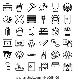 Box icons set. set of 36 box outline icons such as parcel, cream, safe, toolbox, hummer, cart cargo, french fries, chinese fast food, take away food, case with heart