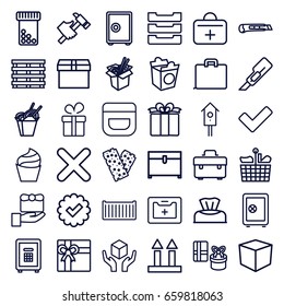 Box icons set. set of 36 box outline icons such as baby napkin, cream, present, safe, gift, chest, toolbox, cutter, hummer, chinese fast food, noodles fast food