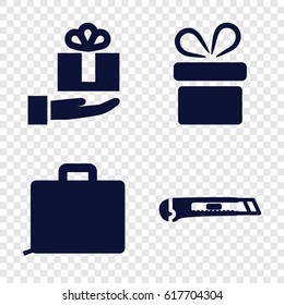 Box icons set. set of 4 box filled icons such as present, cutter, gift on hand