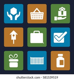 box icons set. Set of 9 box filled icons such as present, nesting house, medical bottle, cargo box, handle with care, case, gift on hand, shopping bag