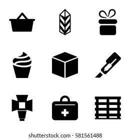 box icons set. Set of 9 box filled icons such as cream, present, cutter, cargo, first aid kit