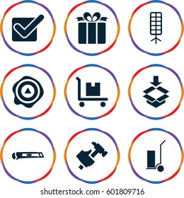 box icons set. Set of 9 box filled icons such as hummer, cart cargo, arrow up, cargo on cart, present, cutter