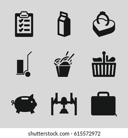 Box icons set. set of 9 box filled icons such as cart cargo, chinese fast food, milk, case, clipboard