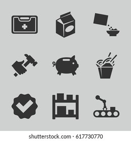 Box icons set. set of 9 box filled icons such as hummer, chinese fast food, take away food, cereal, medical kit, conveyor and robot arm, storage, money box