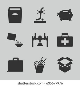Box icons set. set of 9 box filled icons such as chinese fast food, first aid kit, cereal, no standing nearby