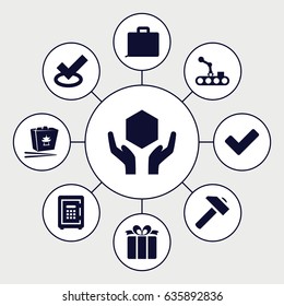Box icons set. set of 9 box filled icons such as hummer, chinese fast food, handle with care, safe, present, tick, conveyor and robot arm