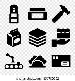 Box icons set. set of 9 box filled icons such as cream box, hummer, take away food, office supply, napkin, conveyor and robot arm, parcel, gift