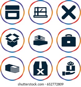 Box icons set. set of 9 box filled icons such as parcel, cream, bandage, cross, gift on hand