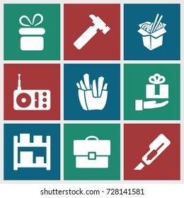Box icons set. set of 9 box filled icons such as present, hummer, cutter, french fries, noodles fast food, radio, case, gift on hand