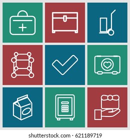 Box icons set. set of 9 box outline icons such as chest, cart cargo, take away food, case with heart, safe, tick, first aid kit, gift