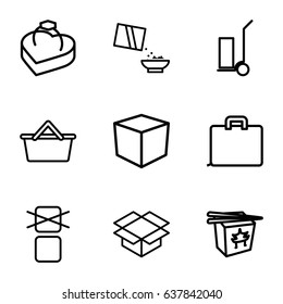 Box icons set. set of 9 box outline icons such as cart cargo, chinese fast food, cereal, case
