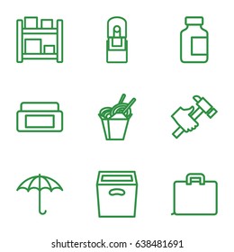 Box icons set. set of 9 box outline icons such as hummer, chinese fast food, medical bottle, keep dry cargo, office supply, case