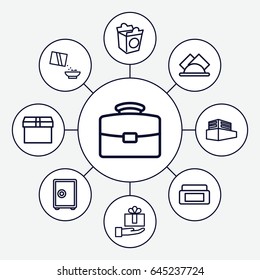 Box icons set. set of 9 box outline icons such as take away food, cereal, napkin, case, safe